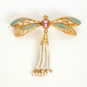 Avon Dragonfly Gold Enamel Brooch Pink Teardrop Rhinestone Faux Pearl Large Pin